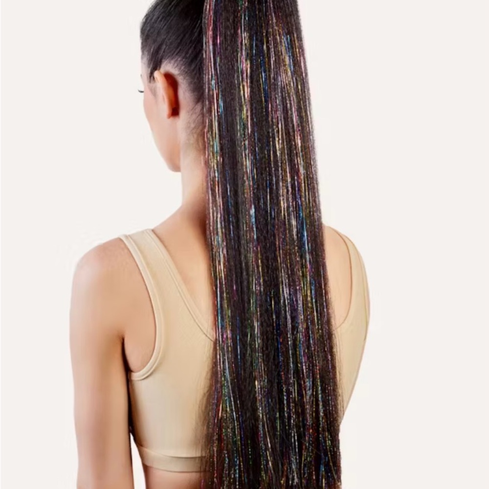 Shiny Multi-Color Hair Tinsel Ponytail Extension - Mixed Brown Base